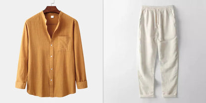 Men's brown cotton blend slim-fit long sleeve shirt and matching casual trousers coordinated set