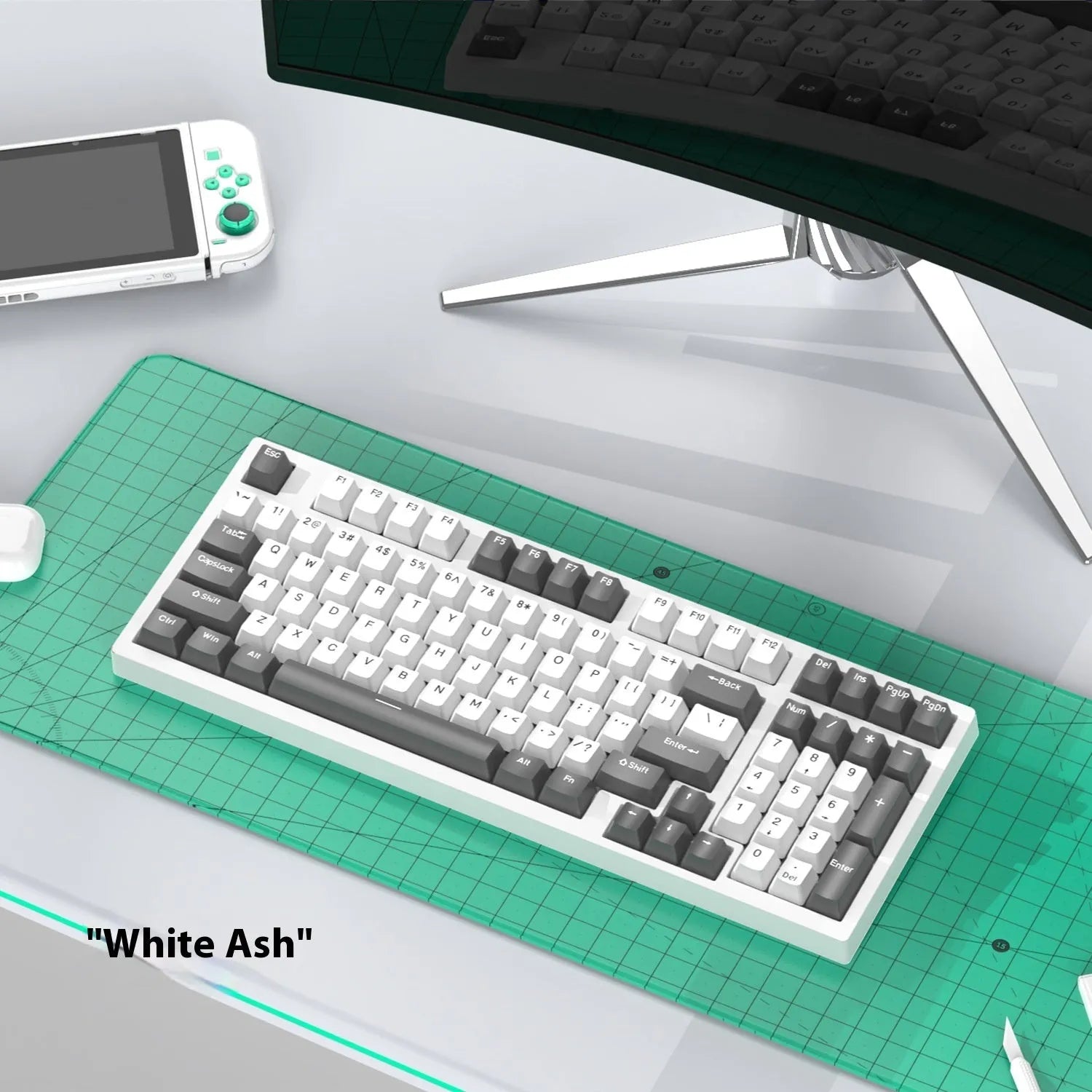 Mechanical keyboard and wireless mouse set in a chosen colour like beige gray or sky blue on a desk.