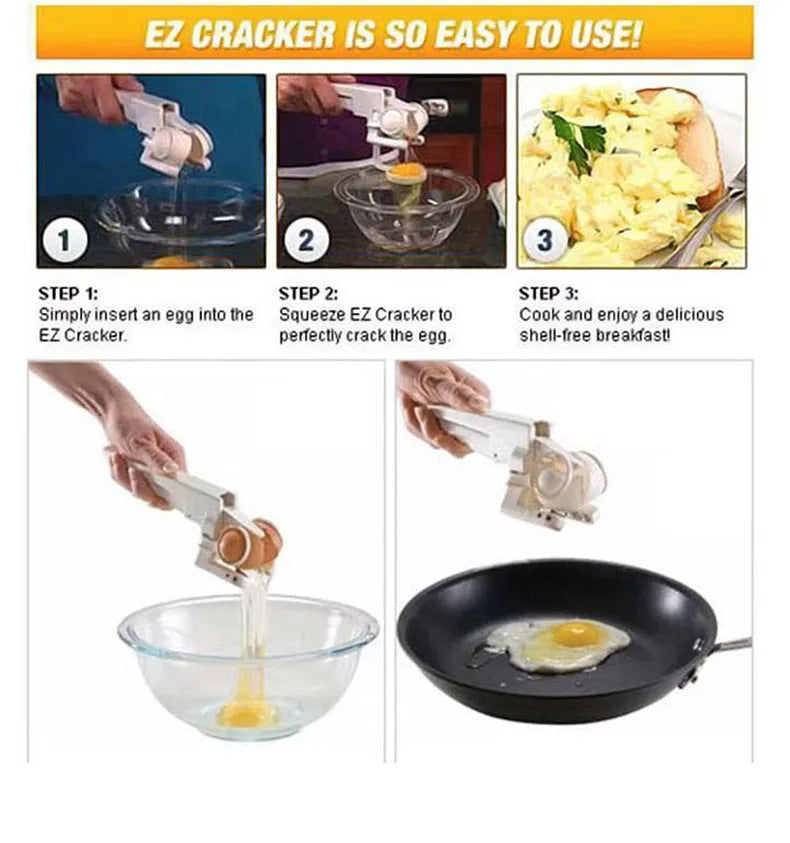 White handheld egg cracker and separator kitchen tool with curved plastic design