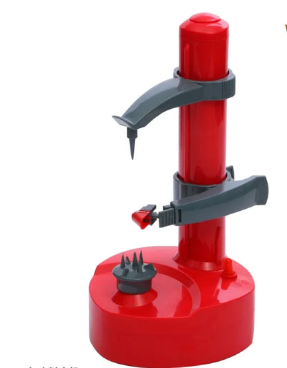 White electric fruit and vegetable peeler with stainless steel blades on a non-slip ABS base, showing adjustable needle and food holders