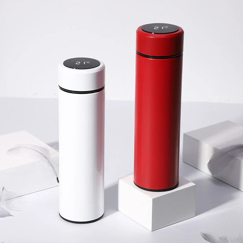 Sleek stainless steel vacuum flask with LED temperature display in various colors and capacities