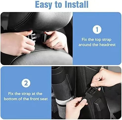 Black Oxford cloth car seat back storage bag with multiple hanging pockets, 42x30cm dimensions