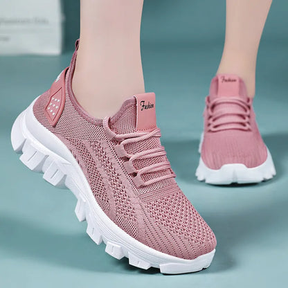 Women's Flyknit running sneakers with PVC sole in white, pink, beige, or black