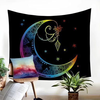 Rectangular plush tapestry with a geometric pattern on a wall