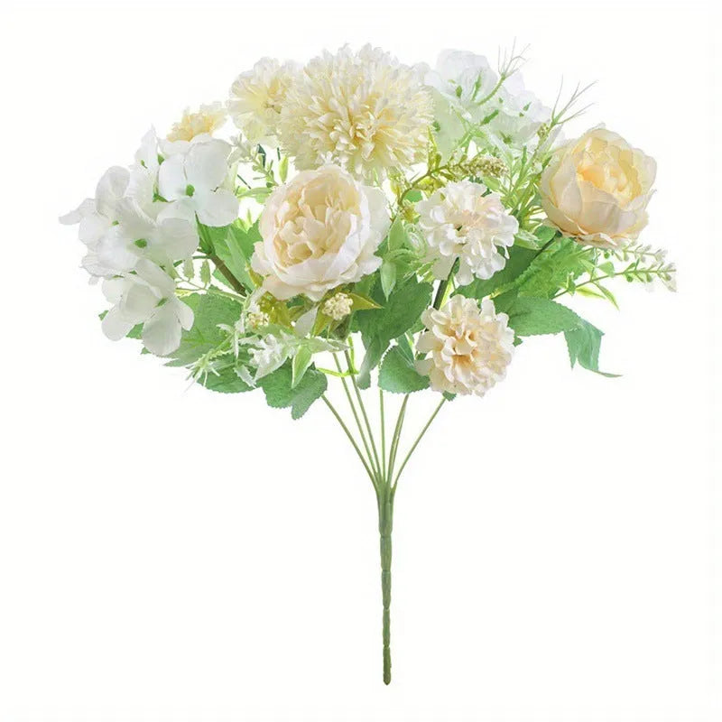 Combination artificial hydrangea flower arrangement in silk and plastic, shown in one of five available colours.