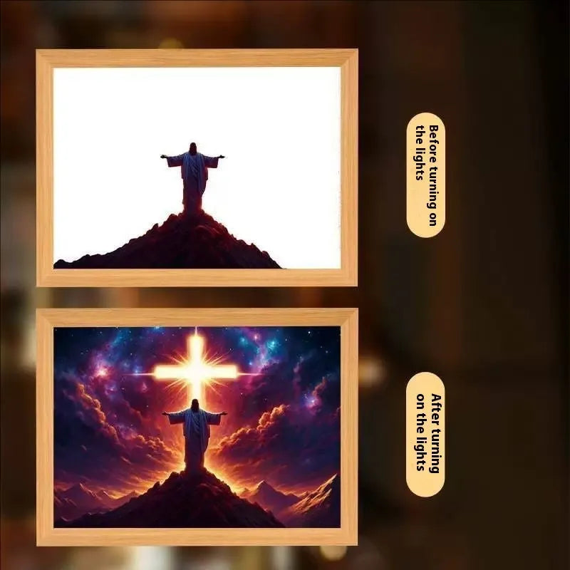 Modern rectangular light painting photo frame displaying an illuminated cross and scenic artwork.