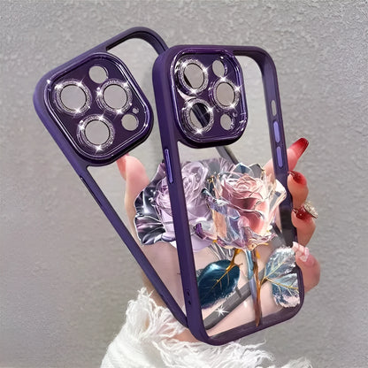 Dark Purple Fairy Pink Rose TPU iPhone case with matching sparkling pink camera lens film.
