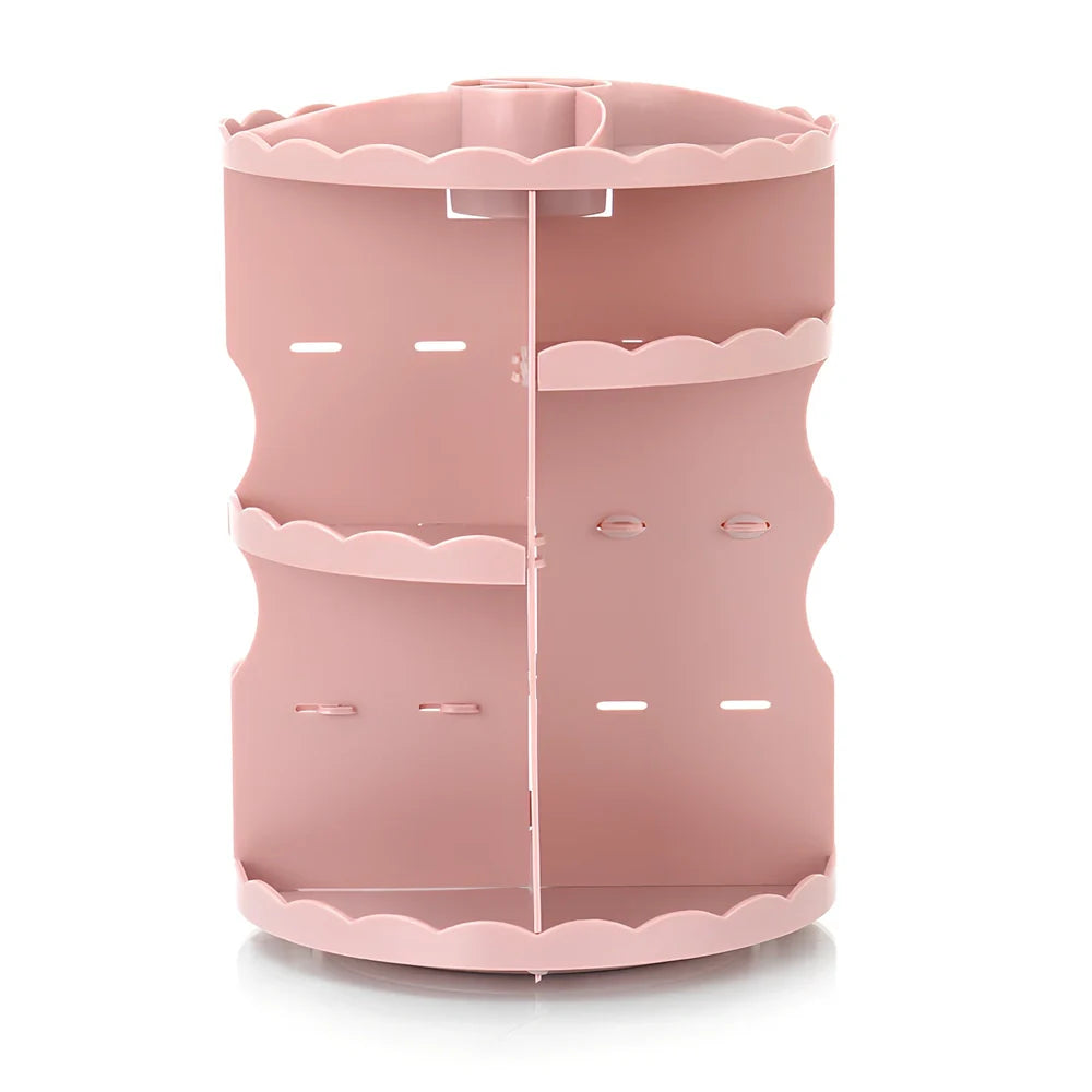 Pink rotating cosmetics storage box with 360-degree mechanism and 23 x 30.5cm dimensions organising bathroom items