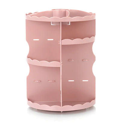 Pink rotating cosmetics storage box with 360-degree mechanism and 23 x 30.5cm dimensions organising bathroom items