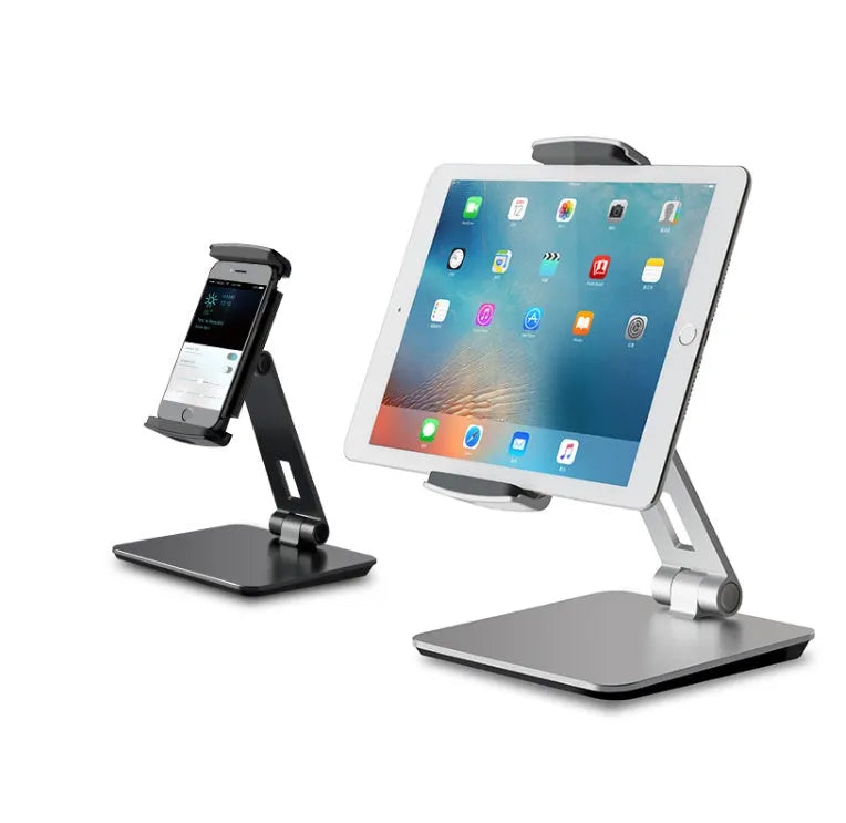 Silver folding phone and tablet stand holding a device, showing its 360-degree rotation and compact size
