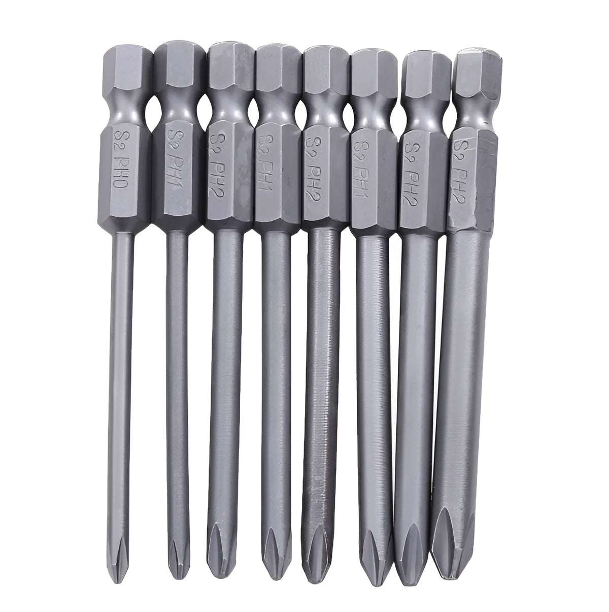 Set of eight long silver magnetic Phillips screwdriver bits with a 1/4 inch hex shank.