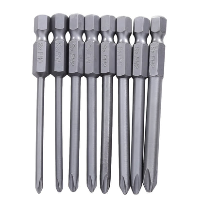 Set of eight long silver magnetic Phillips screwdriver bits with a 1/4 inch hex shank.