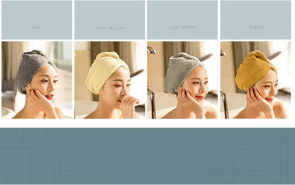 A woman wearing a sky blue microfiber hair dryer cap, with wet hair tucked inside, showing the towel's wrap-around design.