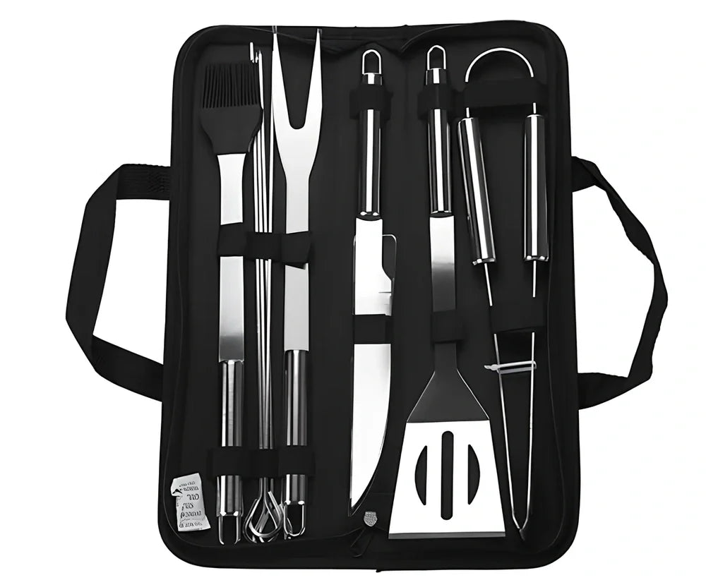 Silver 10-piece stainless steel BBQ tool set with shovel, fork, clip, strings, brush, and tote bag, sized 40x16.5x6cm for outdoor use