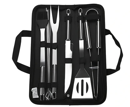 Silver 10-piece stainless steel BBQ tool set with shovel, fork, clip, strings, brush, and tote bag, sized 40x16.5x6cm for outdoor use