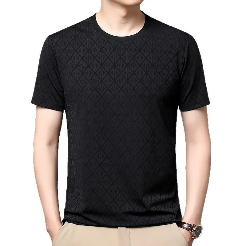 Men's loose fit round neck short sleeve t-shirt in ice silk fabric, shown in a solid colour.