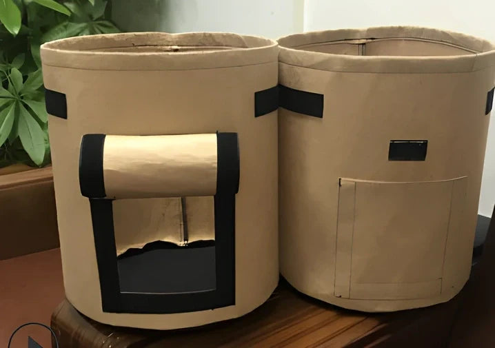 Black non-woven plant growth bag with side window and handles for potato gardening, breathable fabric, large size shown