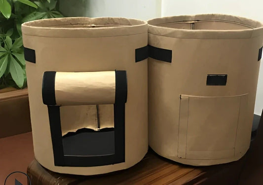 Black non-woven plant growth bag with side window and handles for potato gardening, breathable fabric, large size shown