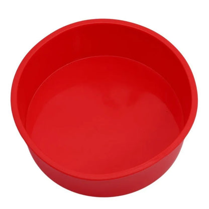 Red round silicone cake mould set showing 4-inch, 6-inch, and 8-inch sizes for baking trays