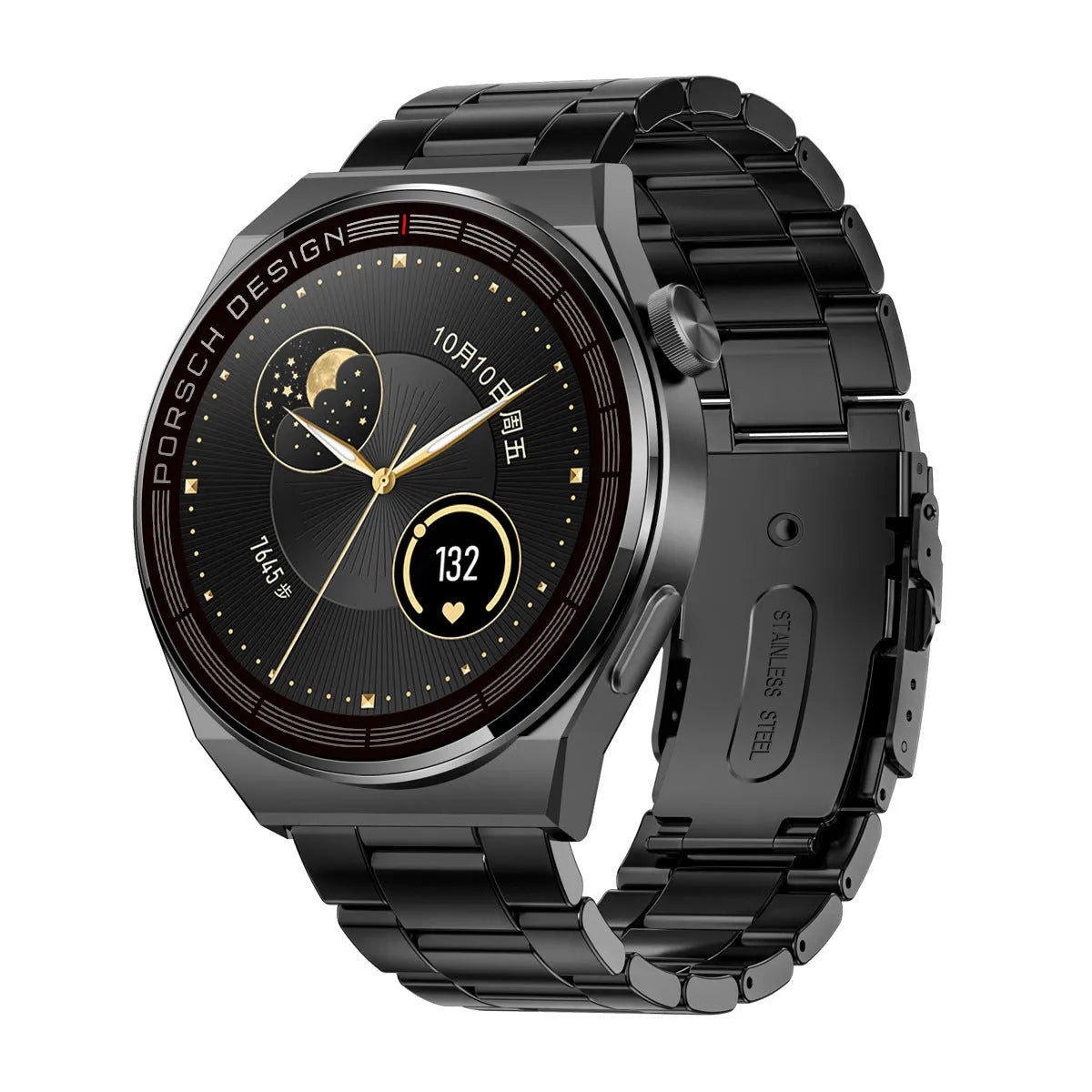 Black or silver smartwatch with a 1.39-inch glass screen on a silicone, steel, or leather-look strap.