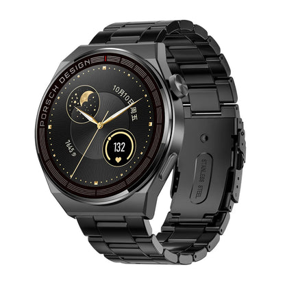 Black or silver smartwatch with a 1.39-inch glass screen on a silicone, steel, or leather-look strap.