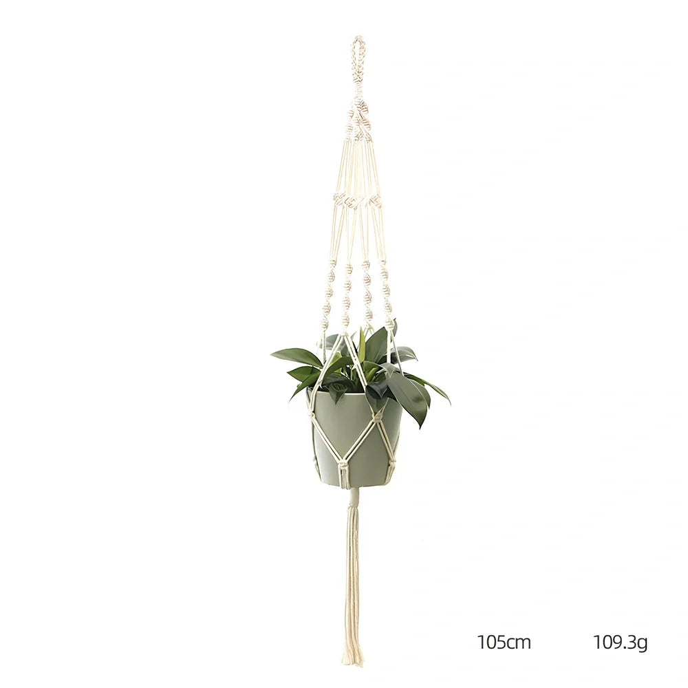 Hand-knitted cotton flowerpot net bag showing intricate pattern and hanging installation with plant