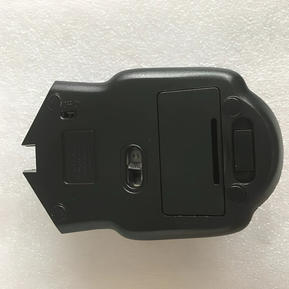 Black wireless computer mouse with six buttons and USB receiver, 100-120mm size