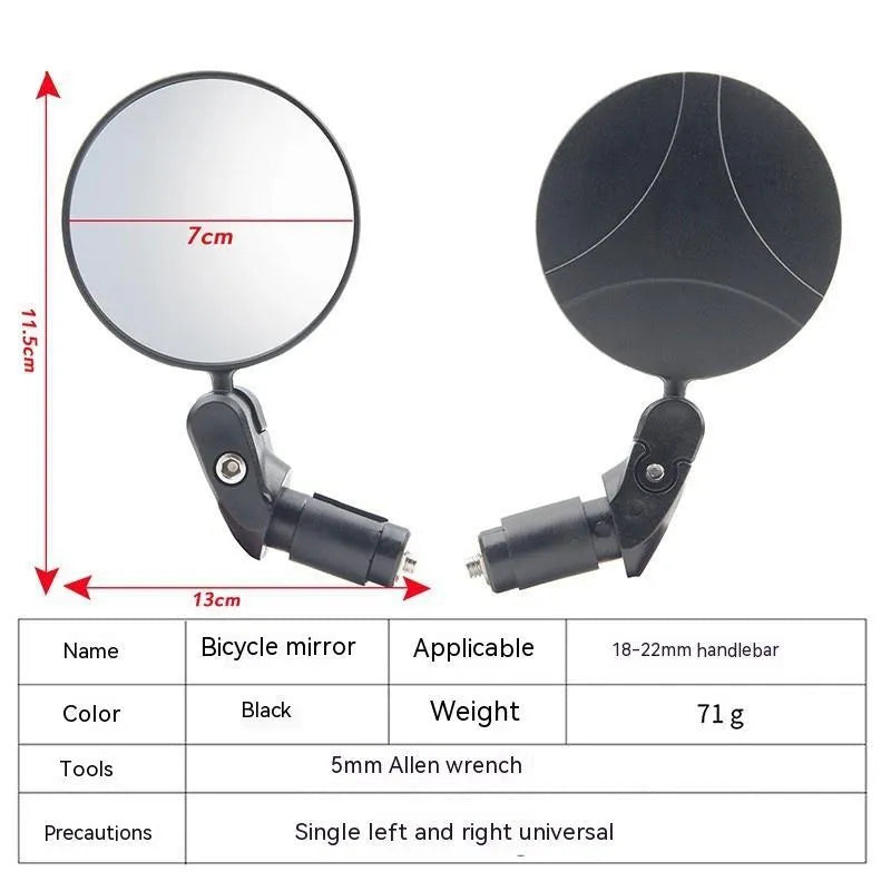 Black foldable convex rearview mirror with 7cm diameter reflector on a 14cm ABS plastic arm.