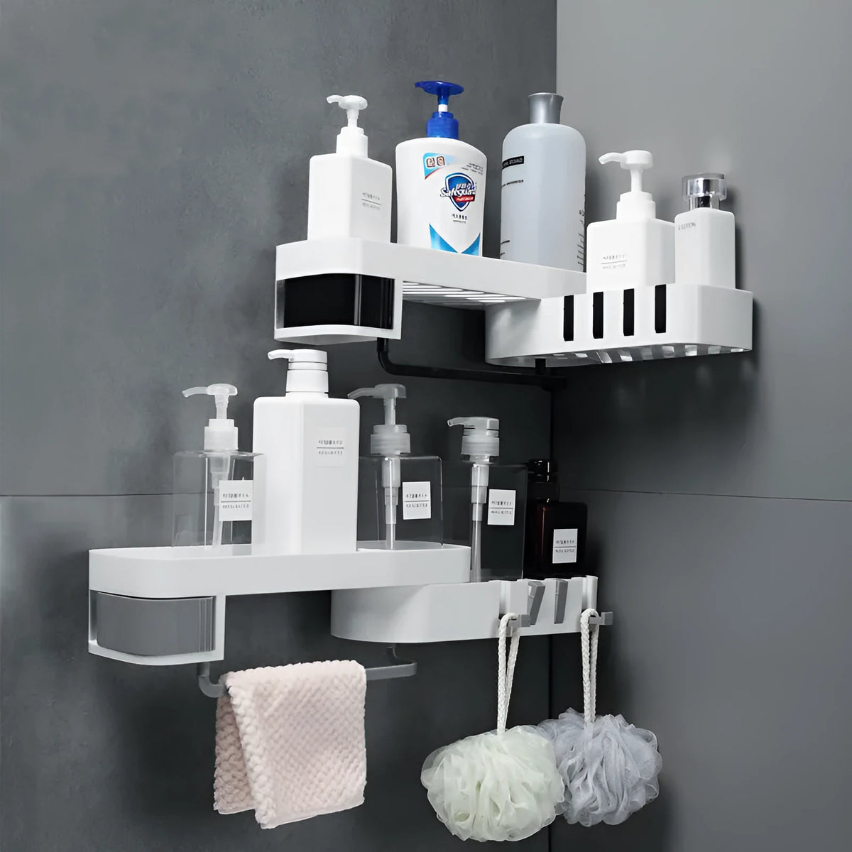 Plastic bathroom corner shelf in black and white or grey and white, designed for a bathroom corner