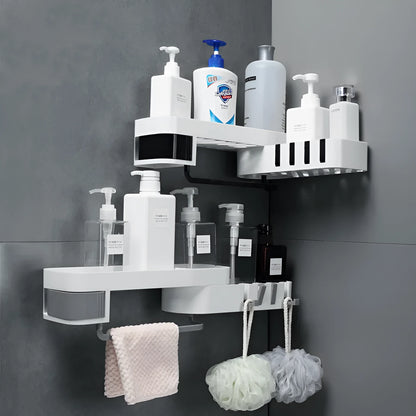 Plastic bathroom corner shelf in black and white or grey and white, designed for a bathroom corner