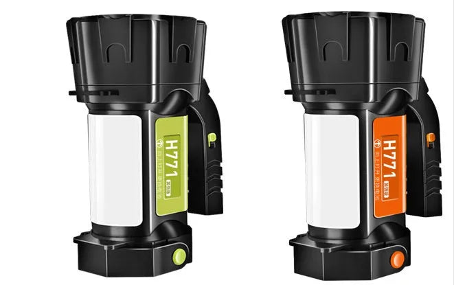 H771 portable LED searchlight in orange or green with shoulder strap and removable battery.