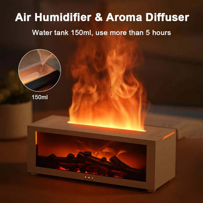 Square black flame essential oil diffuser with glowing 3D fire effect and coloured LED base lights.