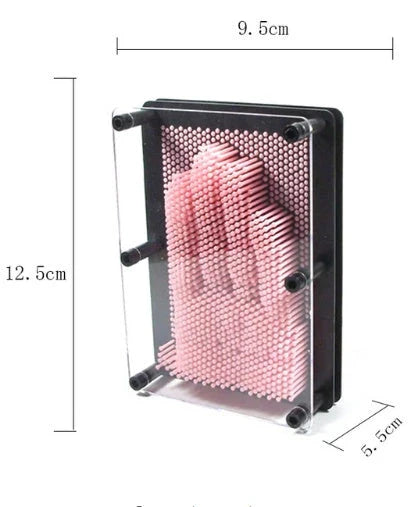 A customizable 3D sculpture impression frame with an array of pins that can capture the contours of any object pressed into it.