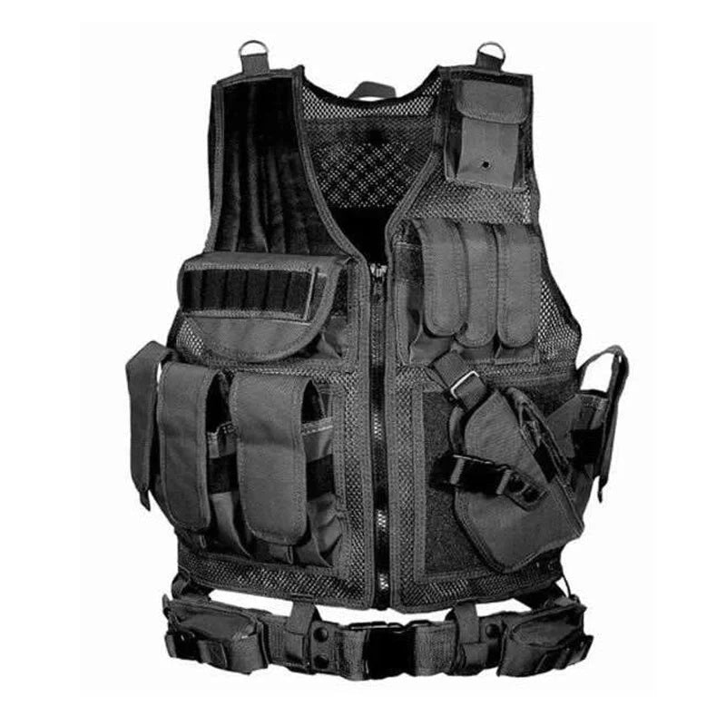 Durable tactical vest for military, airsoft, and outdoor activities with multiple pockets and adjustable straps