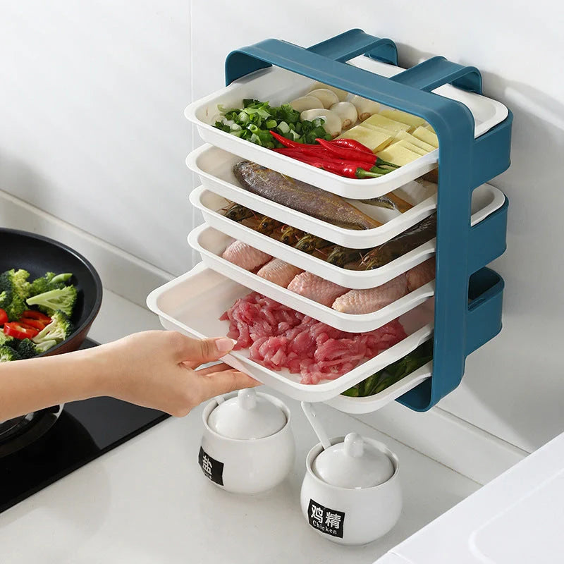Wall-mounted kitchen shelf with stackable trays in navy blue, white, and coffee colour options