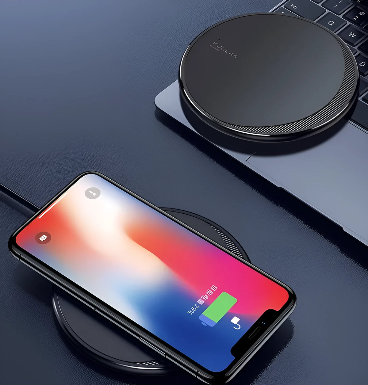 Black circular wireless charging disc for mobile phones with indicator light