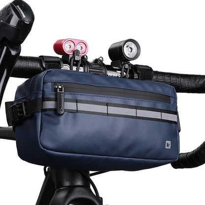 Multifunctional bicycle front handlebar bag in black, grey or blue, 1680D polyester, 3L capacity, 25cm x 8.5cm x 13cm.