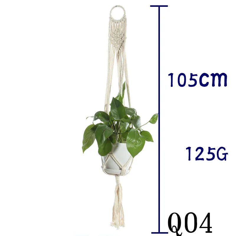 Handmade beige cotton rope net bag holding a plant pot, showing its textured sling design.