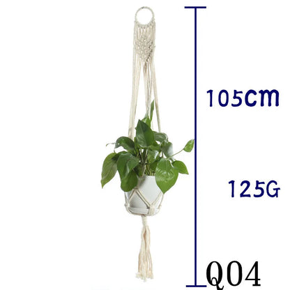 Handmade beige cotton rope net bag holding a plant pot, showing its textured sling design.
