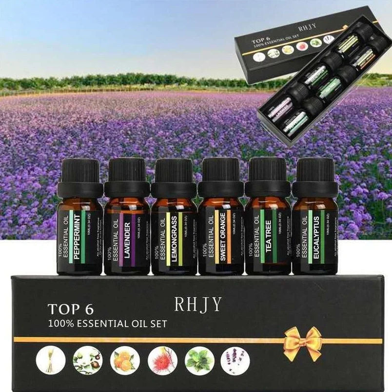 Essential oil massage aromatherapy set with six 10ml bottles of orange, lavender, tea tree, peppermint, eucalyptus, and lemongrass oils