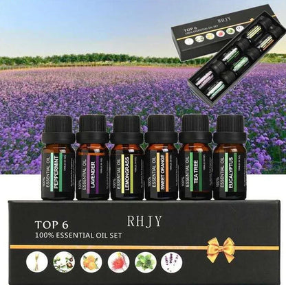 Essential oil massage aromatherapy set with six 10ml bottles of orange, lavender, tea tree, peppermint, eucalyptus, and lemongrass oils