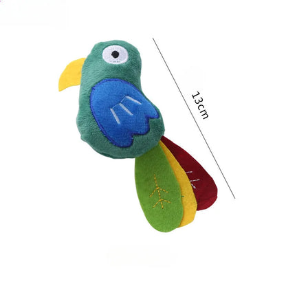 Plush cat toy in cow, crocodile, or parrot shape with colourful fabric and embroidered details.