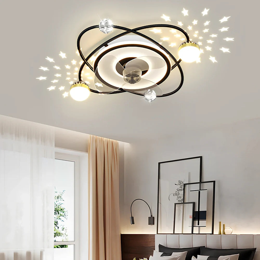 Modern Nordic ceiling fan with lights in black, 53cm diameter, remote control, PC blades and acrylic shade for bedroom use
