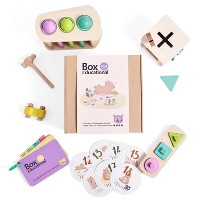 Wooden Montessori rattle toy with black and white cards, ball chime, and colour box for children aged 4-6 years