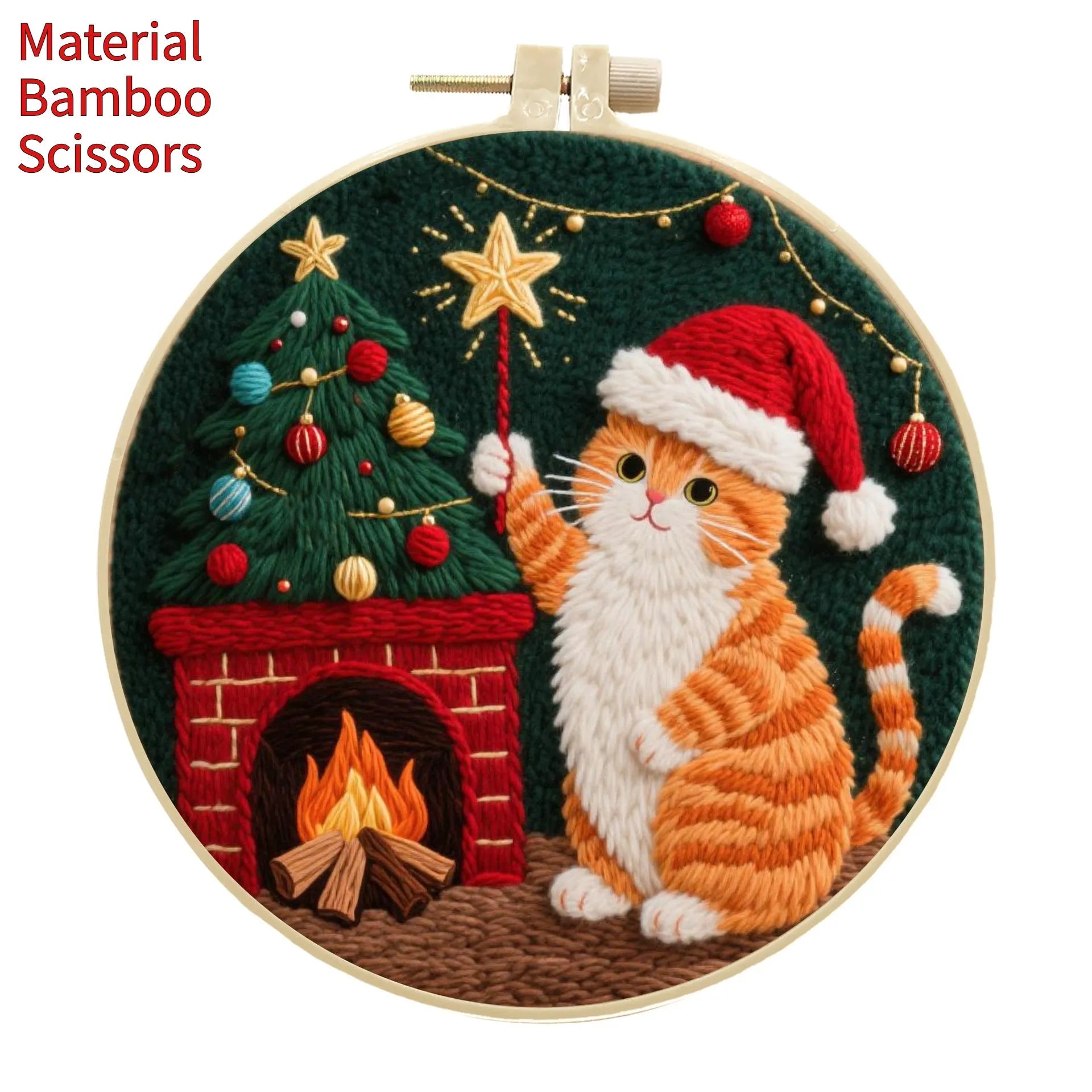 Cat embroidery DIY kit with autumn fruit design on fabric and a 20cm imitation bamboo embroidery frame