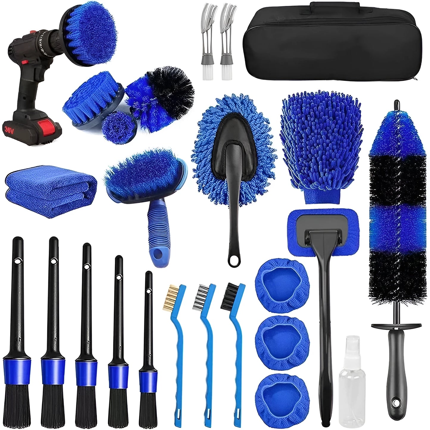 26-piece car wash brush kit with long handle tyre brush and detailing tools for automotive cleaning