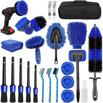 26-piece car wash brush kit with long handle tyre brush and detailing tools for automotive cleaning