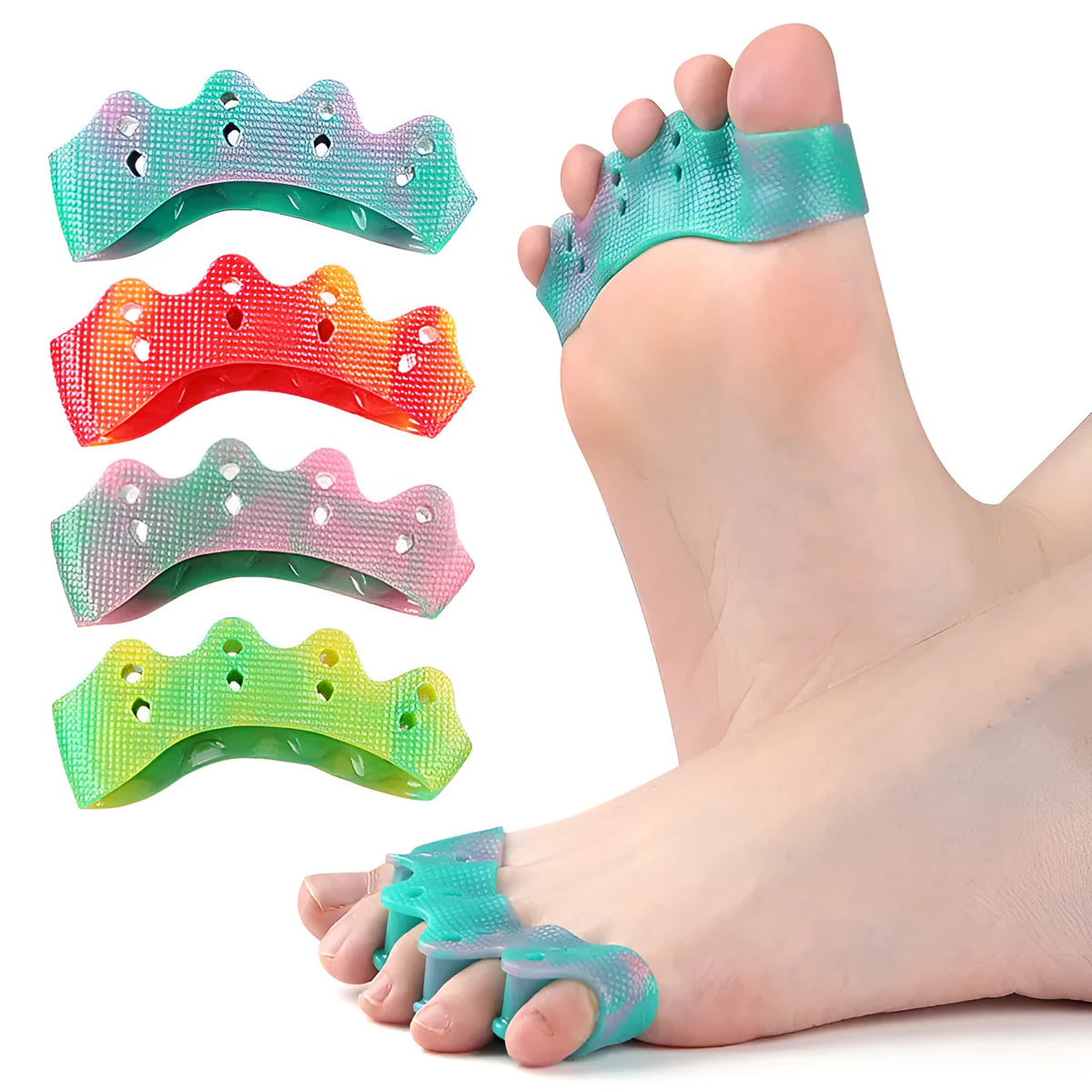 Five-hole SEBS toe separator in colour gradient, average size, for overlapping toes and daily leisure use