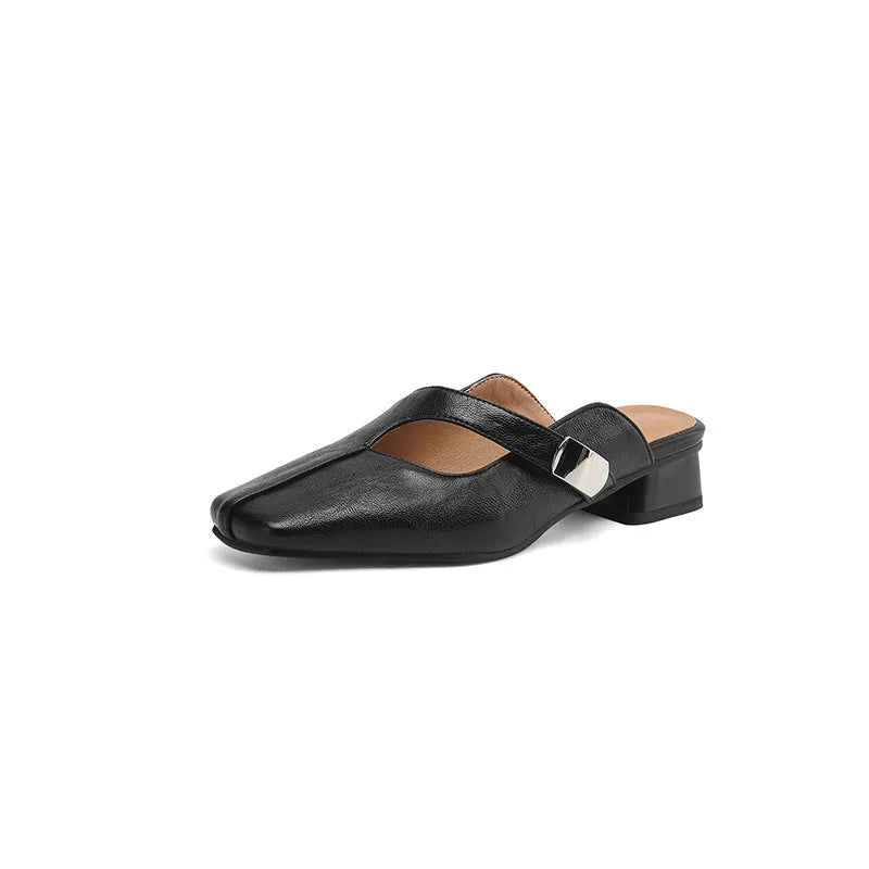 British style square toe outdoor slippers in black with low heel and rubber sole