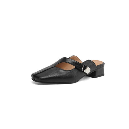 British style square toe outdoor slippers in black with low heel and rubber sole